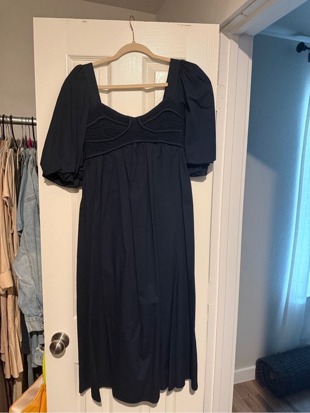 Navy Puff-Sleeve Midi Dress - Elegant Everyday